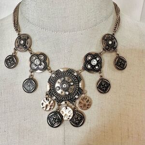 Gold tone rhinestone disc statement necklace